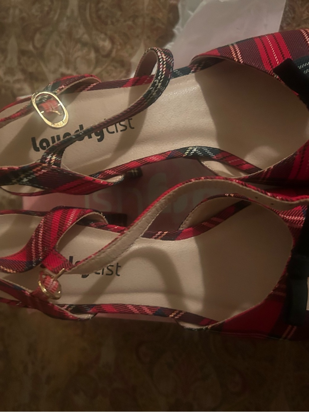 Loungefly Red Plaid Strappy Heels with Gold Buckle